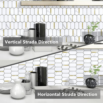 Vamos Tile Long Hexagon Peel and Stick Backsplash Tile - 10 Sheets Stick on Backsplash for Kitchen and Bathroom 12.4 x 12 Inch White Marble Look PVC Mixed Metal Gold Self Adhesive Mosaic Wall Tiles