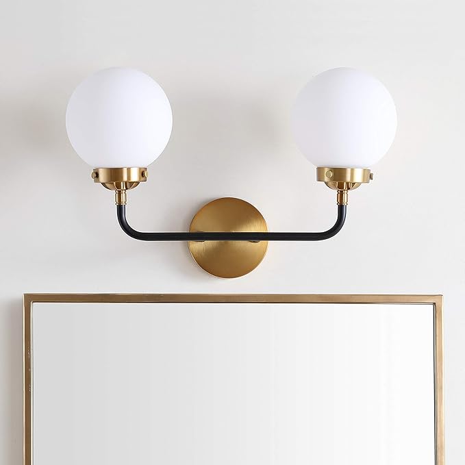 JONATHAN Y 18" Brass Gold/Black/White 2-Light LED Wall Sconce Vanity Lighting, Clear Glass Globe Shade Modern Contemporary Sconce for Bathroom Mirror, Hallway, UL Listed (JYL9057B)
