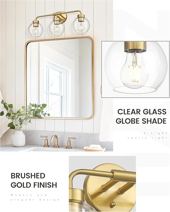 zeyu 3-Light Modern Vanity Light Fixture, 23 Inch Bathroom Light Fixtures Wall Mount with Clear Glass Globe Shade, Brushed Gold Finish, ZS62BG-3W BG