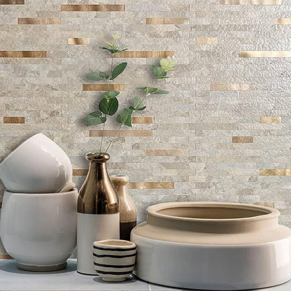 AULIGET 20 Sheets Faux Stone Peel and Stick Backsplash, Beige Marble Look PVC Wall Tiles Stick on Backsplash for Kitchen