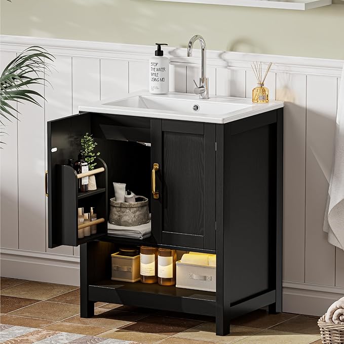 24 Inch Bathroom Vanity with Sink, Small Modern Bathroom Cabinet with LED Light, Bathroom Vanity Set, Double Soft Closing Cabinet Door with Organizer, Black