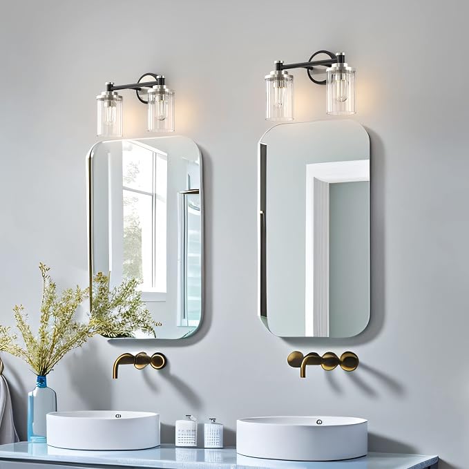 Bathroom Lighting Fixtures Black and Brushed Nickel Bathroom Vanity Light with Cylindrical Clear Stripes Glass Lampshade E26 Socket Base Bathroom Lighting Fixtures Over Mirror (2 Lights)