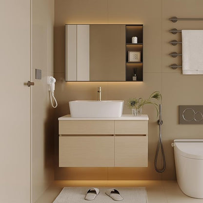31.5" Floating Bathroom Vanity with Sink and Drawer, Soft Closing, Solid Wood Mid Century Modern Single Bathroom Vanity Cabinet with Storage, Wall Mounted (Natural Wood)