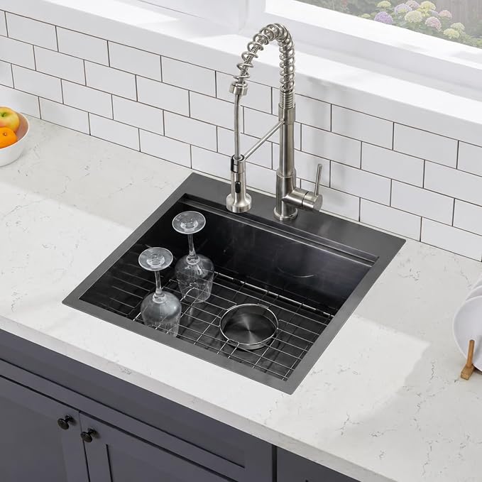 21 Inch Black Drop In Kitchen Sink, 21x20 Inch Gunmetal Black Top Mount 16 Gauge Stainless Steel Single Bowl Workstation RV Small Kitchen Outdoor Laundry Wet Prep Sink with Accessories