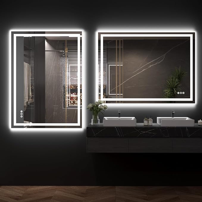 Snowdool 48 x 32 in LED Bathroom Mirror, Front and Backlit, Anti-Fog | Front and Backlit, 3 Color Temperatures, Anti-Fog, Tempered Glass