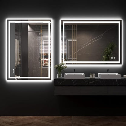 Snowdool 48 x 32 in LED Bathroom Mirror, Front and Backlit, Anti-Fog | Front and Backlit, 3 Color Temperatures, Anti-Fog, Tempered Glass