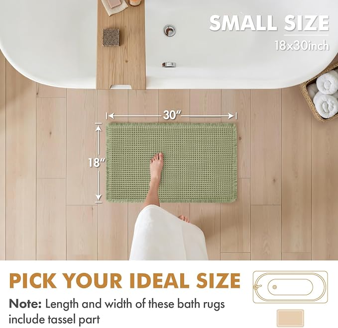 MIULEE Set of 2 Waffle Bathroom Rugs Boho Bath Mat Sage Green 18x30 Inch | Non Slip, Super Absorbent, Washable, Ultra Soft, Rubber Backed Bath Rugs for Bathroom Floor Tub Shower