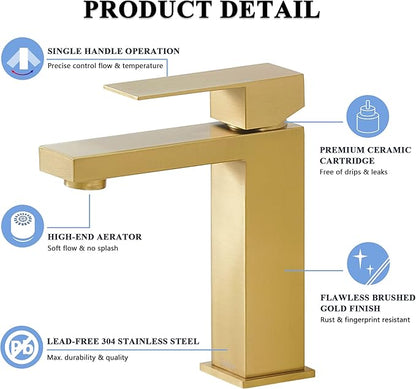 Tohlar Gold Bathroom Faucet, Brushed Gold Faucet for Bathroom Sink, Gold Single Hole Bathroom Faucet Modern Single Handle Vanity Basin Faucet with Overflow Pop Up Drain Stopper and Water Supply Lines