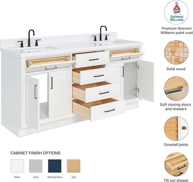 DKB Isabella 72 Inch Bathroom Vanity Double Sink — White Bathroom Vanity with Sink, 1.5" Edge Carrara White Quartz Countertop & Backsplash, 4 Soft-Close Doors, 4 Dovetail Drawers, and 2 Tilt Drawers