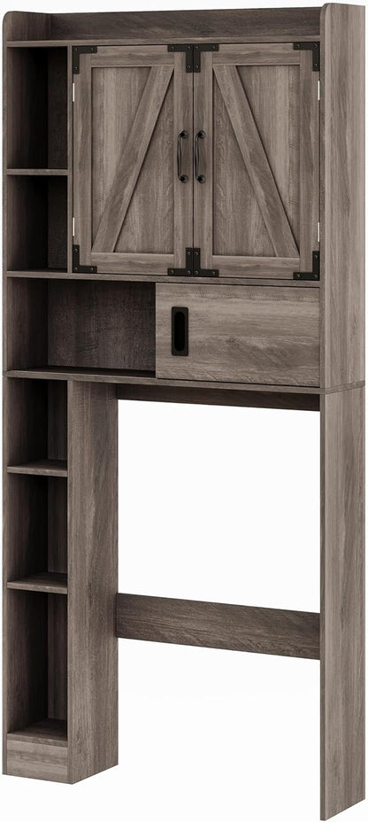 ChooChoo Over The Toilet Storage Cabinet, Farmhouse Bathroom Storage Cabinet with Sliding Door, Over Toilet Storage with Adjustable Shelves, Space-Saving, Grey