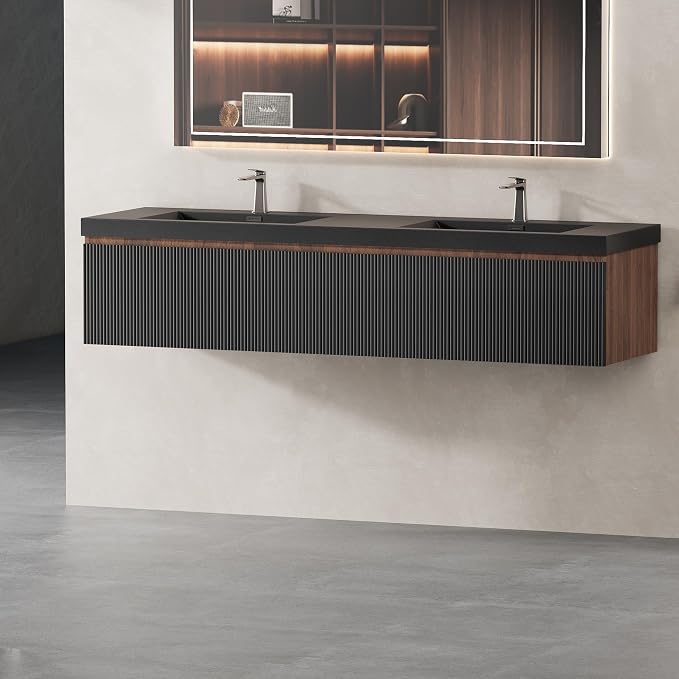 72 Inch Floating Bathroom Vanity with Double Sink, Modern Black Wall Mounted Floating Vanity with Scratch-Resistant Quartz Sand Basin, Soft Closing Drawers, Fully Pre Assembled Bathroom Vanity
