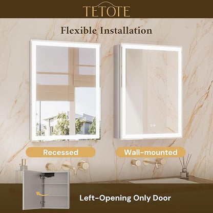 TETOTE 48 x 32 Lighted Bathroom Medicine Cabinet with Adjustable Shelves, Silver Aluminum Cabinet, Anti-Fog Stepless Dimmable 3 Colors White/Warm/Natural, Easy to Install(Wall Mount/Recessed)