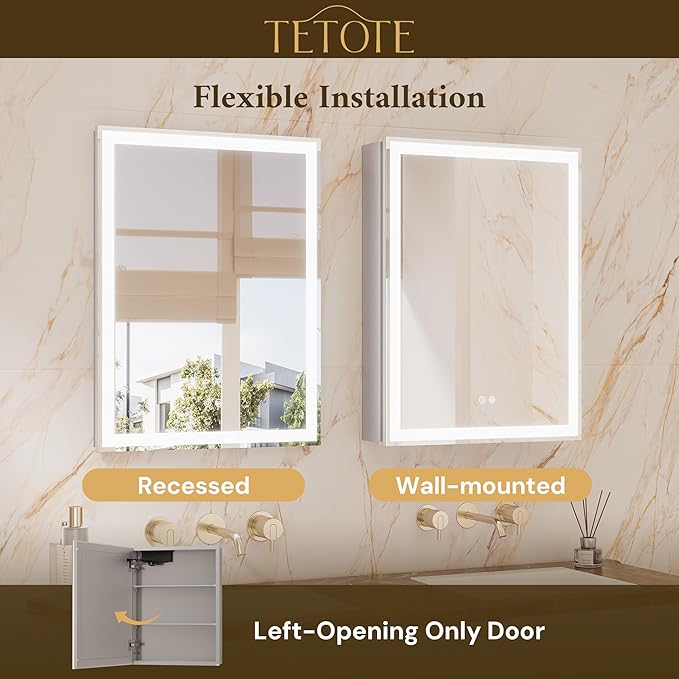 TETOTE 24 x 32 Medicine Cabinet with Lights, Adjustable Shelves, Silver Aluminum Cabinet, Anti-Fog Stepless Dimmable 3 Colors White/Warm/Natural, Easy to Install(Wall Mount/Recessed)