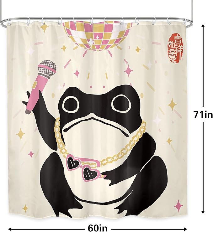 LGhtyro Funny Frog Shower Curtain Bathroom Set 60Wx71H Inches Retro Asian Style Traditional Japanese Art Cute Animal Disco Pink Light Bath Accessories Vintage Art Home Decor Fabric 12 Pack Hooks