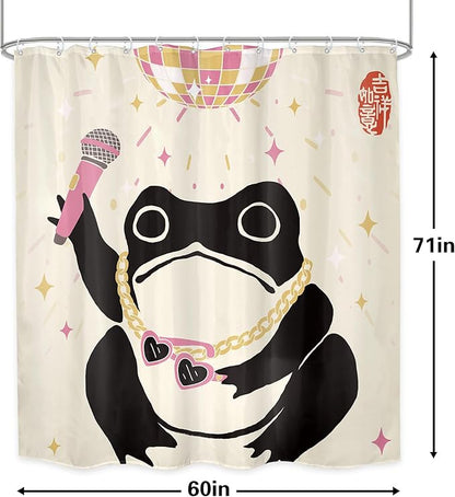 LGhtyro Funny Frog Shower Curtain Bathroom Set 60Wx71H Inches Retro Asian Style Traditional Japanese Art Cute Animal Disco Pink Light Bath Accessories Vintage Art Home Decor Fabric 12 Pack Hooks