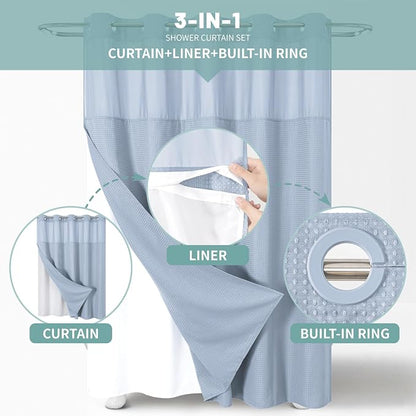 No Hook Waffle Shower Curtain with Snap-in Liner, 71x74 Inch, Frost Blue | 230 GSM waffle weave fabric, waterproof liner set with 2 bottom magnets, mesh top window, washable, for bathroom or hotel use
