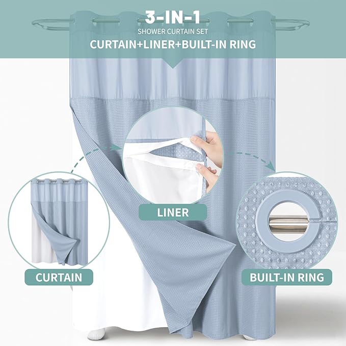 No Hook Waffle Shower Curtain with Snap-in Liner, 71x77 Inch, Frost Blue | 230 GSM waffle weave fabric, waterproof liner set with 2 bottom magnets, mesh top window, washable, for bathroom or hotel use
