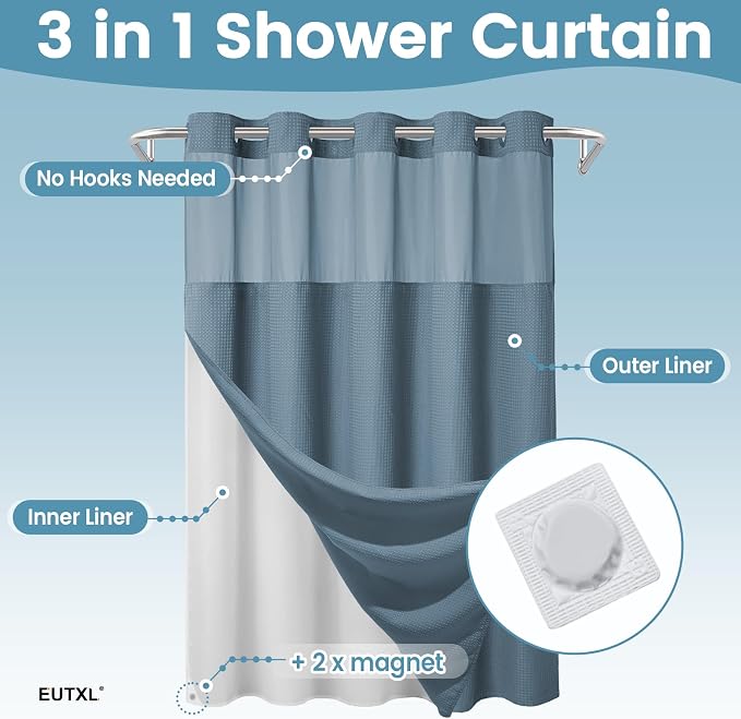 EUTXL Heavyweight No Hook Shower Curtain with Liner, Moonlight Blue,71x86 | Snap in Liner, 256GSM Thick Waffle Fabric, Hotel Luxury Spa, Corner Magnets, Quick Dry, Waterproof & Washable, Extra Long