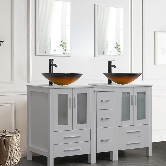 UEV 60" Double Sink Bathroom Vanity,Grey Bathroom Vanity with Double Side Vanity Cabinets & Removable 3 Drawer Storage Cabinet,Bathroom Vanity with Tempered Vessel Sink,Mirror Not Included(T48)