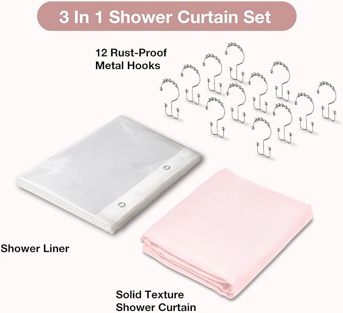 3 in 1 Shower Curtain Set, Pink Shower Curtain and Liner Set with 12 Double Sided Shower Curtain Hooks, Cloth Shower Curtains for Bathroom,Waterproof, 72" W*72" H