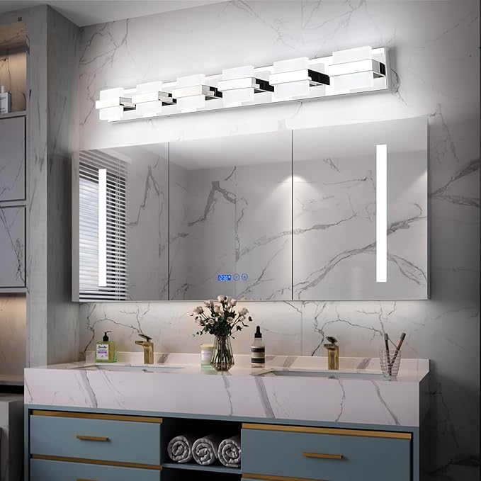 SOLFART 6 Lights Vanity Light Over Mirror,Chrome Bathroom Light Feature Modern LED Dimmable Gloss Chrome Modern Lighting