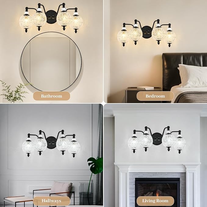 4-Light Matte Black Bathroom Vanity Light, Farmhouse Wall Sconce with Globe Glass Shades, Mid Century Retro Mirror Light for Bathroom, Powder Room