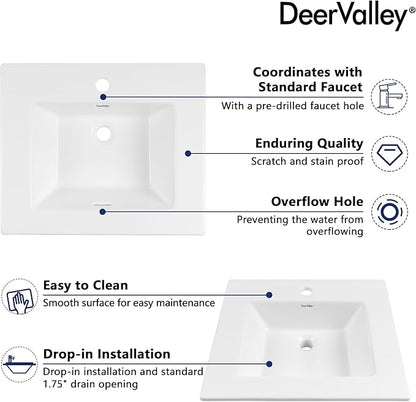 DeerValley Rectangle Drop-In Bathroom Sink 21x18 Inch, White Ceramic Vessel with Overflow and Pre-Drilled Faucet Hole