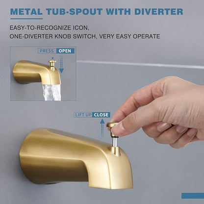 Esnbia Shower Tub Kit, Tub and Shower Faucet Set（Valve Included) with 6-Inch Rain Shower Head and Tub Spout, Single-Handle Tub and Shower Trim Kit,Brushed Gold | Complete tub and shower trim kit with 6-inch rainfall head, single-handle control, tub spo...
