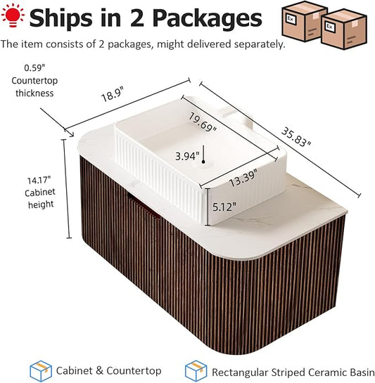 36'' Floating Bathroom Vanity with Sink, Natural Solid Wood Modern Bathroom Vanities with Rectangular Ceramic Basin and Marble Top, Soft-Close Large Drawer, Pre-Assembled Cabinet, Walnut