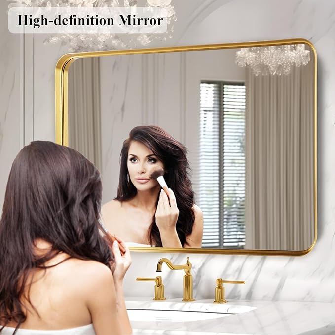 Fabuday Gold Bathroom Mirror 40x30 Inch - Large Brushed Metal Frame Mirror Over Sink, Rectangular Wall Mounted Vanity Mirror for Bedroom, Living Room, Farmhouse Style, Heavy-Duty Hooks
