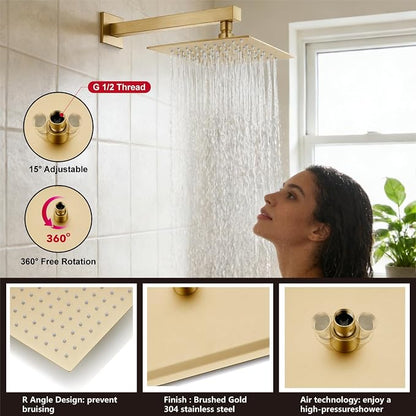 Midanya Shower System with Tub Spout,12 Inch Shower Head,Brushed Gold | with Valve & Trim Kit,Square Rain Head,Handheld Sprayer,Waterfall Spout,All Metal Wall Mount Bathroom Shower Tub Faucet Set
