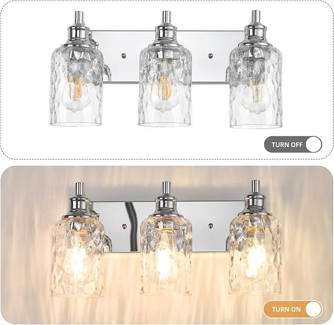 Bathroom Light Fixtures Over Mirror, 3 Lights Vanity Lights with Hammered Glass Shade, 17.8" Chrome Farmhouse Bathroom Light Fixtures for Bedroom, Porch, Hotel, Mirror Cabinet