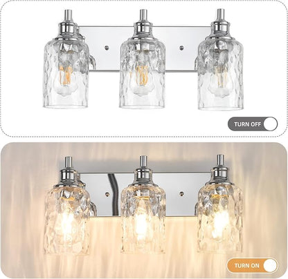 Bathroom Light Fixtures Over Mirror, 3 Lights Vanity Lights with Hammered Glass Shade, 17.8" Chrome Farmhouse Bathroom Light Fixtures for Bedroom, Porch, Hotel, Mirror Cabinet