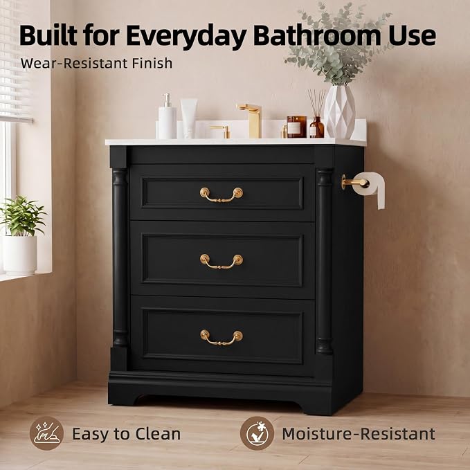 YESHOMY 30" Bathroom Vanity with Sink, Marble-Look Countertop, Black | Freestanding Storage Cabinet with Ceramic Basin, Tilt-Out Drawer and Additional Drawers for Bathroom