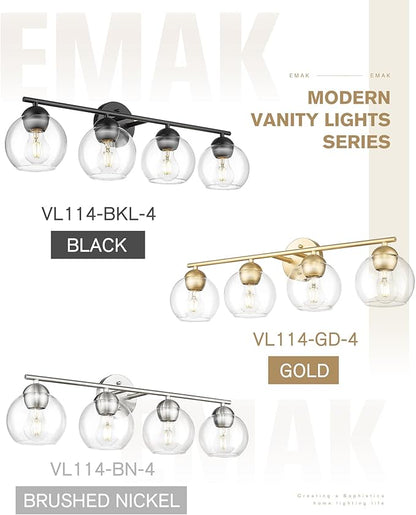 Emak Gold Vanity Lights, Modern Globe Bathroom Light Fixtures, 29 Inch 4-Light Bathroom Vanity Light with Clear Glass Shade for Bath, VL114-GD-4