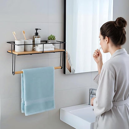 Wall-Mounted Wooden Shelf with Hand Towel Holder – Space-Saving Hanging Bathroom Organizer & Towel Rack - Perfect for Shower Corner, Kitchen, Toilet - Matte Black