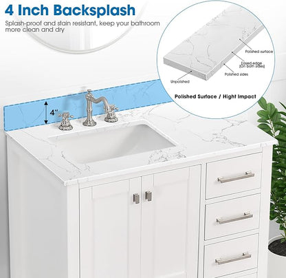 36 Inch Engineered Stone Bathroom Vanity Sink Top, with Undermount Rectangular Left Side Sink, Vanity Countertop with 8 inch Faucet Hole Spacing and Backsplash in Lightning White
