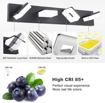 3 Colors Dimmable Black Vanity Lights for Bathroom, LED 4 Light Vanity Lighting Fixtures, Acrylic Stainless Steel Bathroom Light Fixtures over Mirror, Adjustable 3000K/4000K/6000K, 360° Rotate
