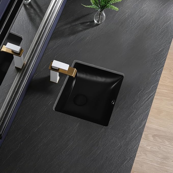 Small Black Undermount Bathroom Sink 14.4x12.7 Inch Vessel Sink Matte Black Bathroom Under Counter Lavatory Vanity Sink Basin Rectangular Porcelain Ceramic Undermount Sinks with Overflow