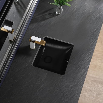 Small Black Undermount Bathroom Sink 14.4x12.7 Inch Vessel Sink Matte Black Bathroom Under Counter Lavatory Vanity Sink Basin Rectangular Porcelain Ceramic Undermount Sinks with Overflow