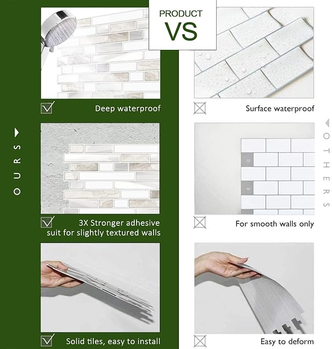 STICKGOO Thicker Design Peel and Stick, Self Adhesive Stick On Tile Backsplash for Kitchen and Bathroom, Beige & White, 12”×12”, 10 Sheets