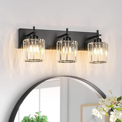 Black Crystal Bathroom Vanity Lights, Modern 3-Lights Bathroom Lighting Fixtures Over Mirror, Crystal Wall Lighting with Round Shade