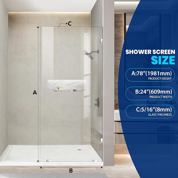 Bathroom Shower Glass Door 24 * 78" - 5/16"(8mm) Thick Clear Tempered Glass Panel, Fixed Hinged Framless Shower Glass Door with Clamps, Chrome
