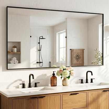 60"x30" Matte Black Wide Bathroom Wall Mirror for Double Vanity | Wide Double Vanity Mirror, Slim Metal Frame, Long Console or Buffet Use, Vertical/Horizontal Mount, Tempered Glass