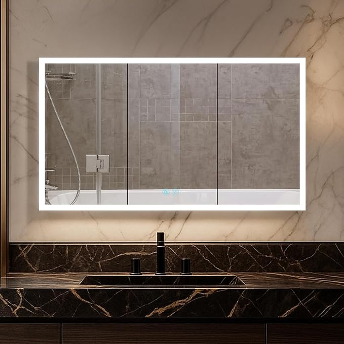 Blossom LED Lighted Mirror Medicine Cabinet, 48x32 Inch, Wall Mounted Recessed or Surface Bathroom LED Medicine Cabinet with Mirror, Makeup Mirror with Lights, Defogger, Adjustable Brightness