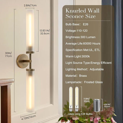 30" 2 Lights Hardwired Frosted Glass 2 PC Bathroom Wall Sconces, Handmade Knurled Brass Wall Light Fixture,Modern Vanity Light for Living Room,Hallway, Bedroom, Indoor Sconces