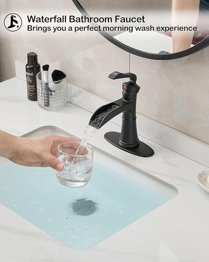 Brass Waterfall Bathroom Faucet Black, Single Handle Bathroom Sink Faucet 1 Hole, 4 Inch Bathroom Faucets 3 Hole with Deck Plate, Pop-up Drain and Supply Hoses