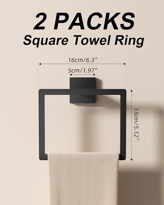 10-Piece Square Bathroom Hardware Set 24" Towel Bar X2, Toilet Paper Holders with Shelves X2, Towel Hooks X4, 2X Towel Rings X2 Bathroom Accessories (Matte Black-24inch)