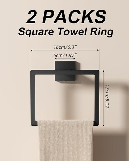 10-Piece Square Bathroom Hardware Set 24" Towel Bar X2, Toilet Paper Holders with Shelves X2, Towel Hooks X4, 2X Towel Rings X2 Bathroom Accessories (Matte Black-24inch)