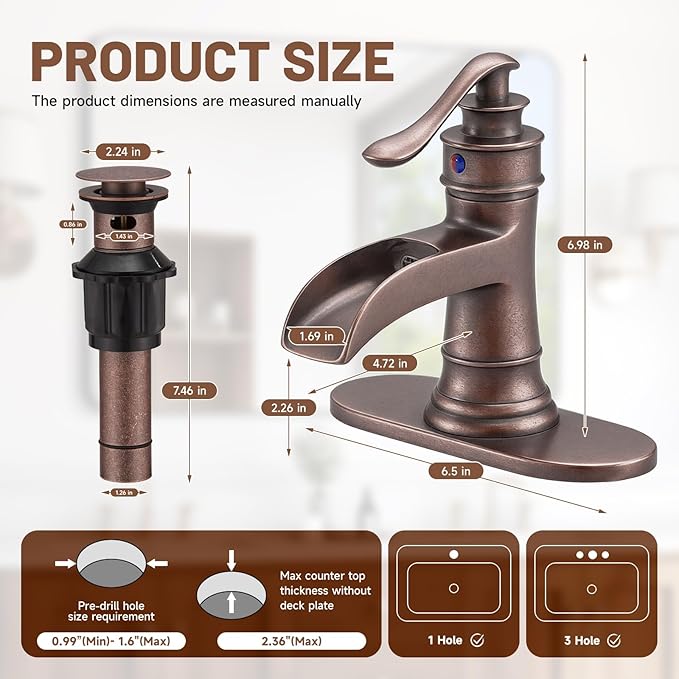 Bathroom Sink Faucet Waterfall Bath Faucets & Parts with Pop Up Drain Stopper Copper Farmhouse Antique Vanity Single Handle Single Hole Commercial Rustic Supply Lines Hose by Bathfinesse